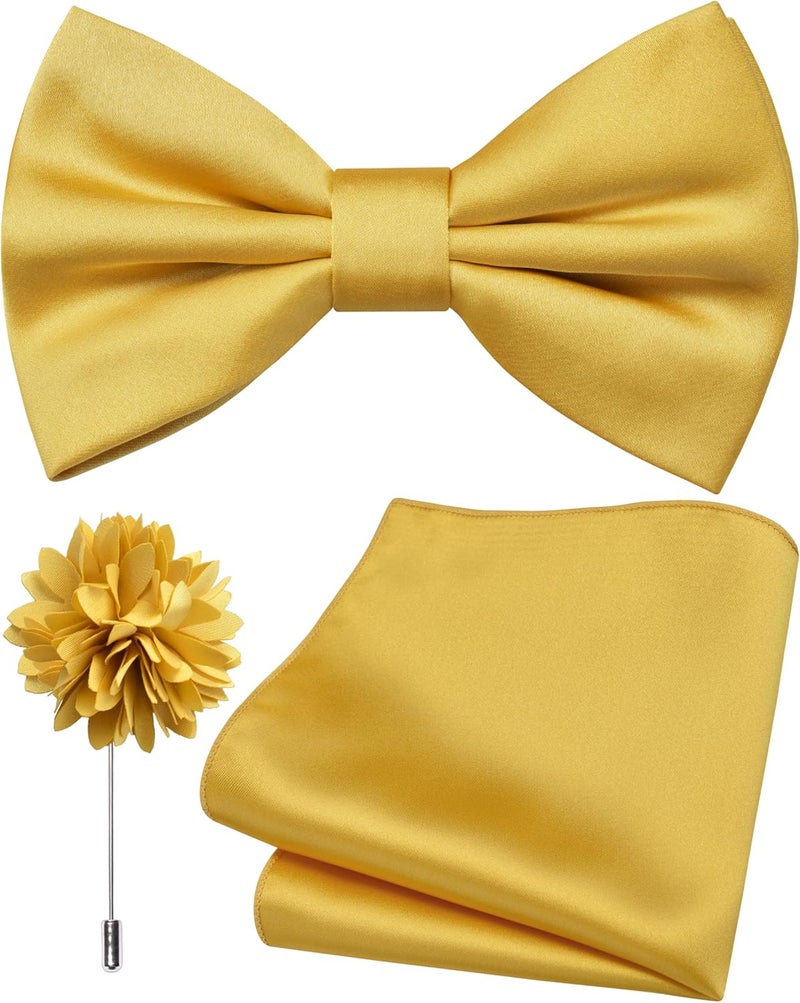 Branduce Solid Color Pre-tied Bow Tie and Pocket Square Lapel Pin Set for Men - Image 1